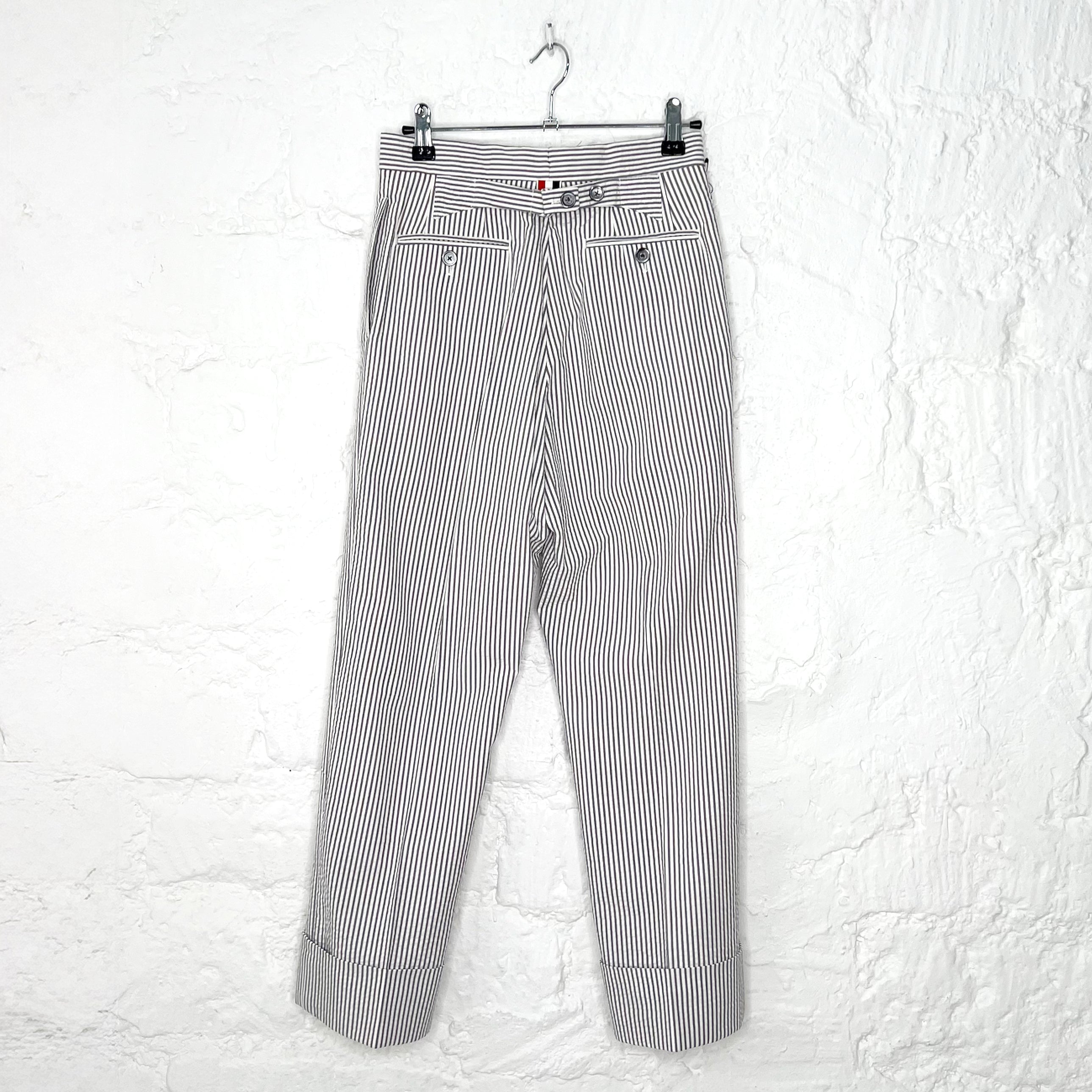 THOM BROWNE THOM BROWNE - White Seersucker Backstrap Trousers - ALE PARIS Luxury Vintage