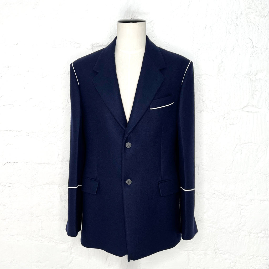 FERRAGAMMO - Navy contrast-piping wool single-breasted blazer - ALE PARIS Luxury Vintage
