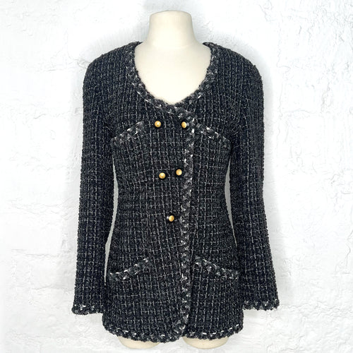 CHANEL CHANEL - Grey Tweed Gold Button Jacket - ALE PARIS Luxury Vintage