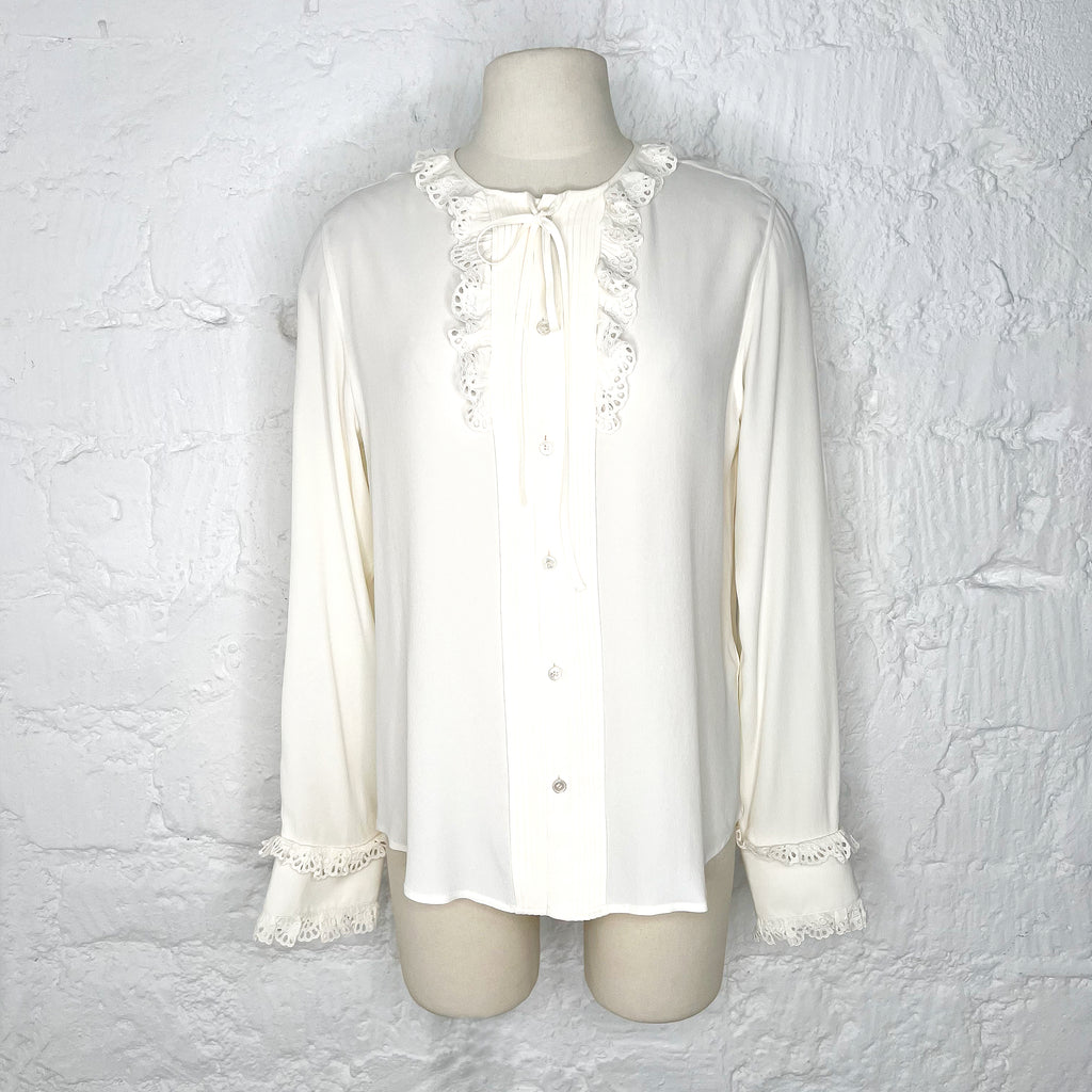 CELINE CELINE - White Long Sleeve With Ruffled Collar - ALE PARIS Luxury Vintage