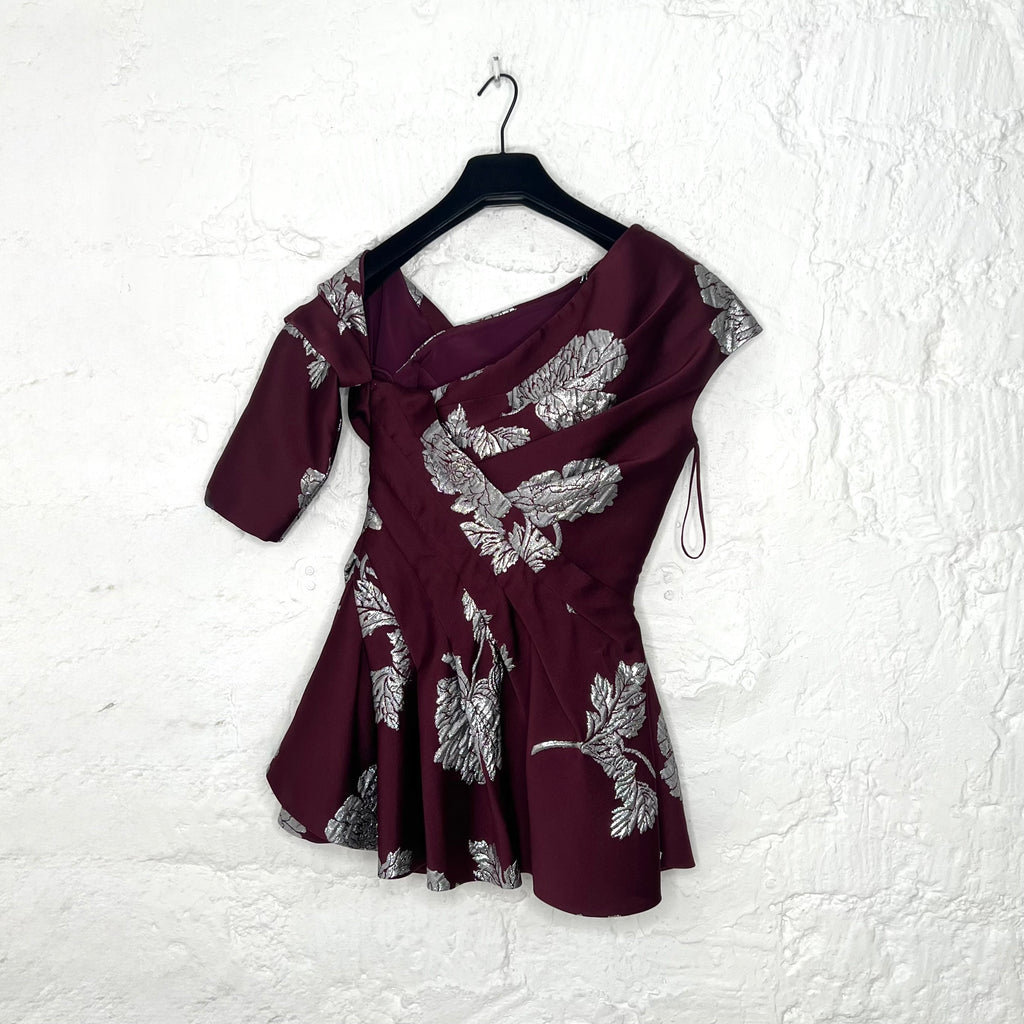ALEXANDER MCQUEEN - Burgundy peplum silver flower printed dress