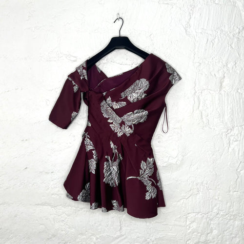 ALEXANDER MCQUEEN - Burgundy peplum silver flower printed dress