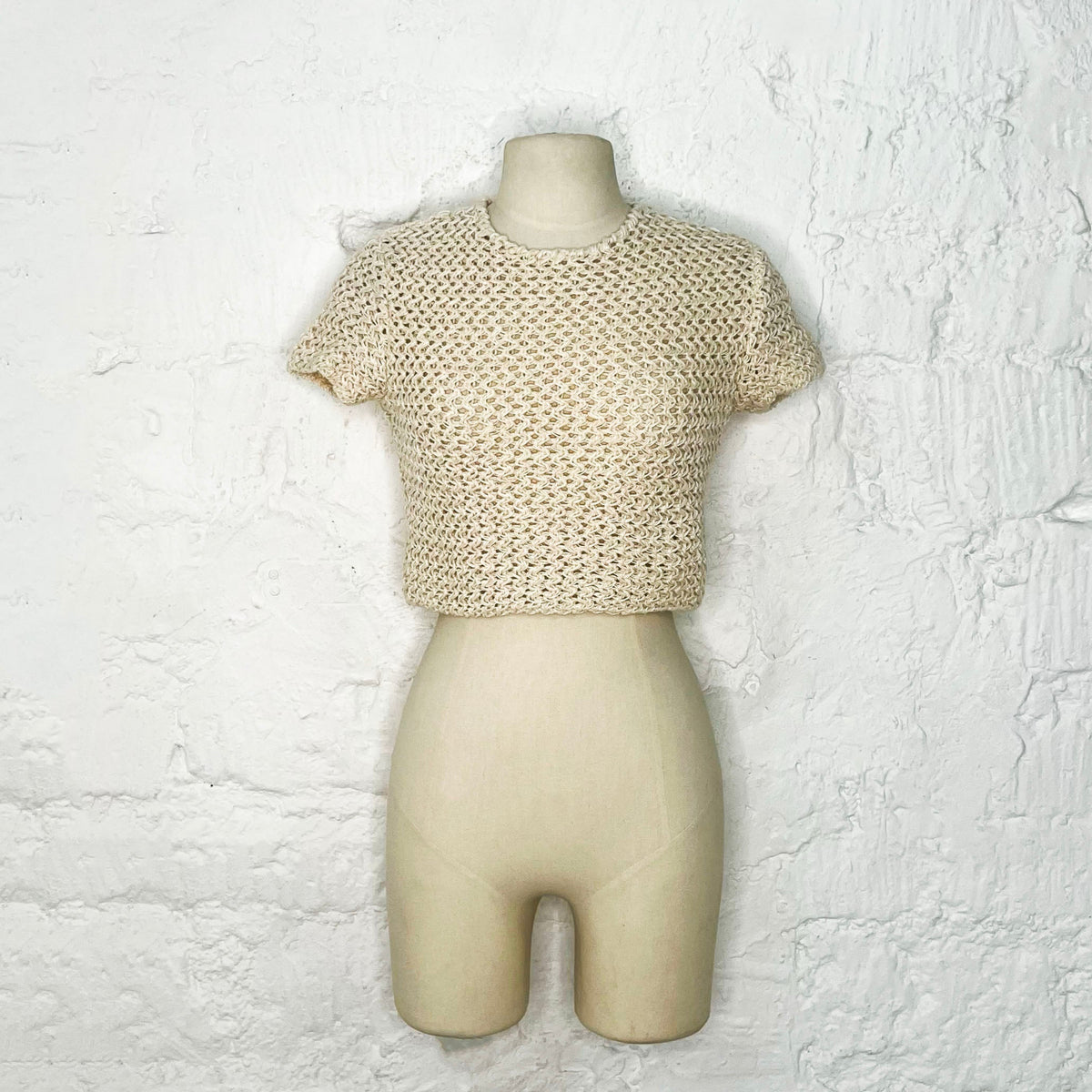 CHRISTIAN DIOR - Ecru crochet crop knit t-shirt