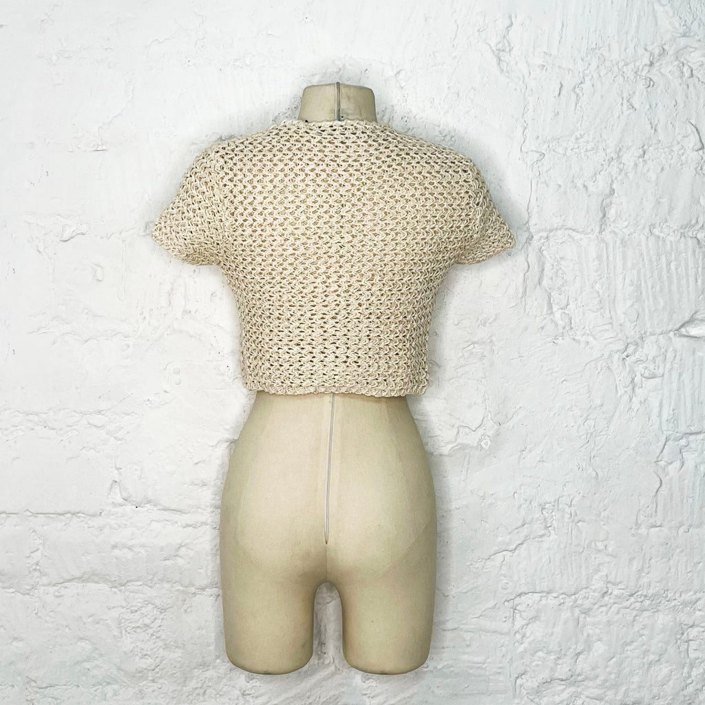 CHRISTIAN DIOR - Ecru crochet crop knit t-shirt