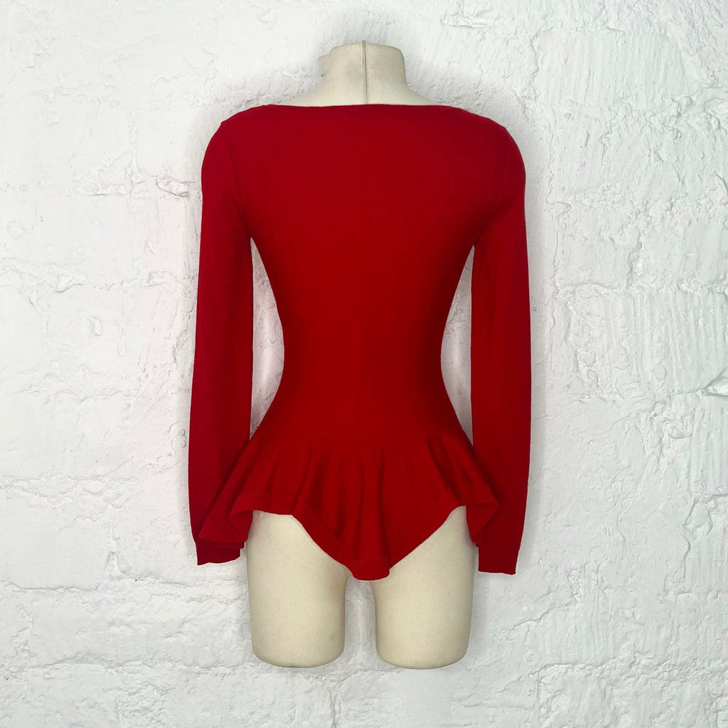 ALEXANDER MCQUEEN - Red Wool Flared Hem Long Sleeve Top