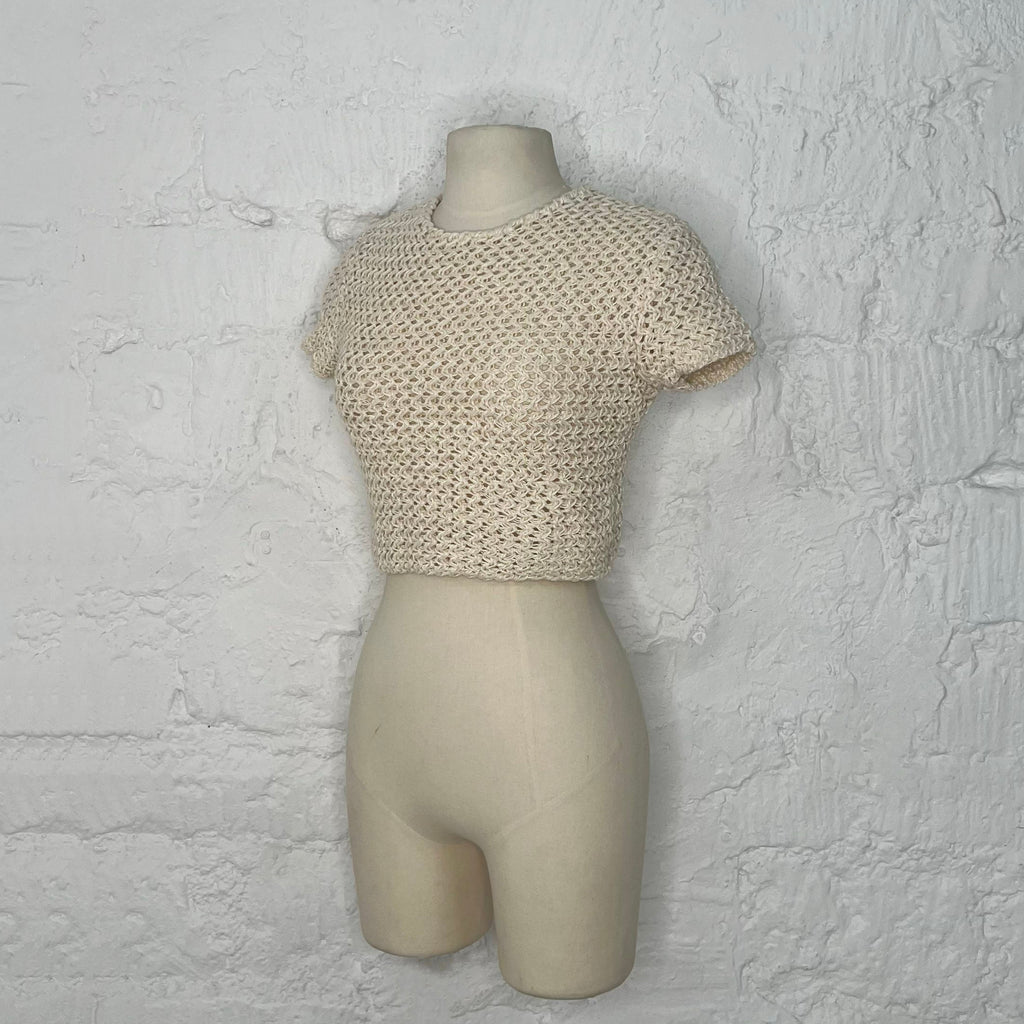 CHRISTIAN DIOR - Ecru crochet crop knit t-shirt