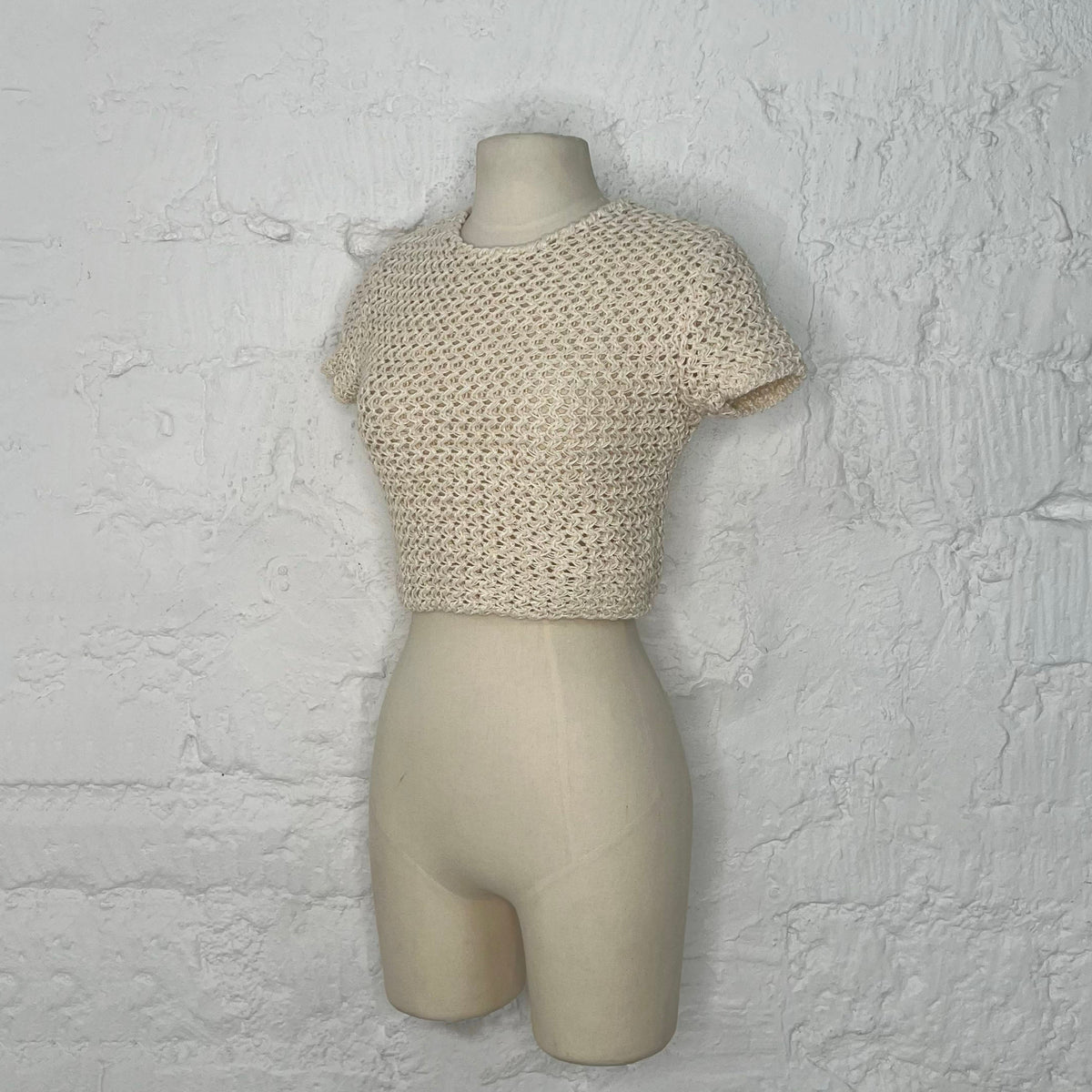 CHRISTIAN DIOR - Ecru crochet crop knit t-shirt