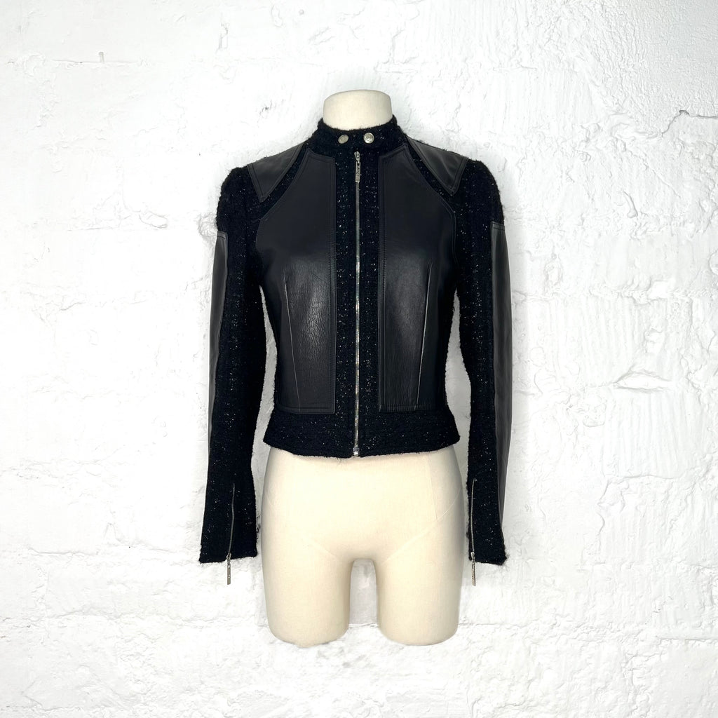 CHRISTIAN DIOR - Black leather tweed moto jacket