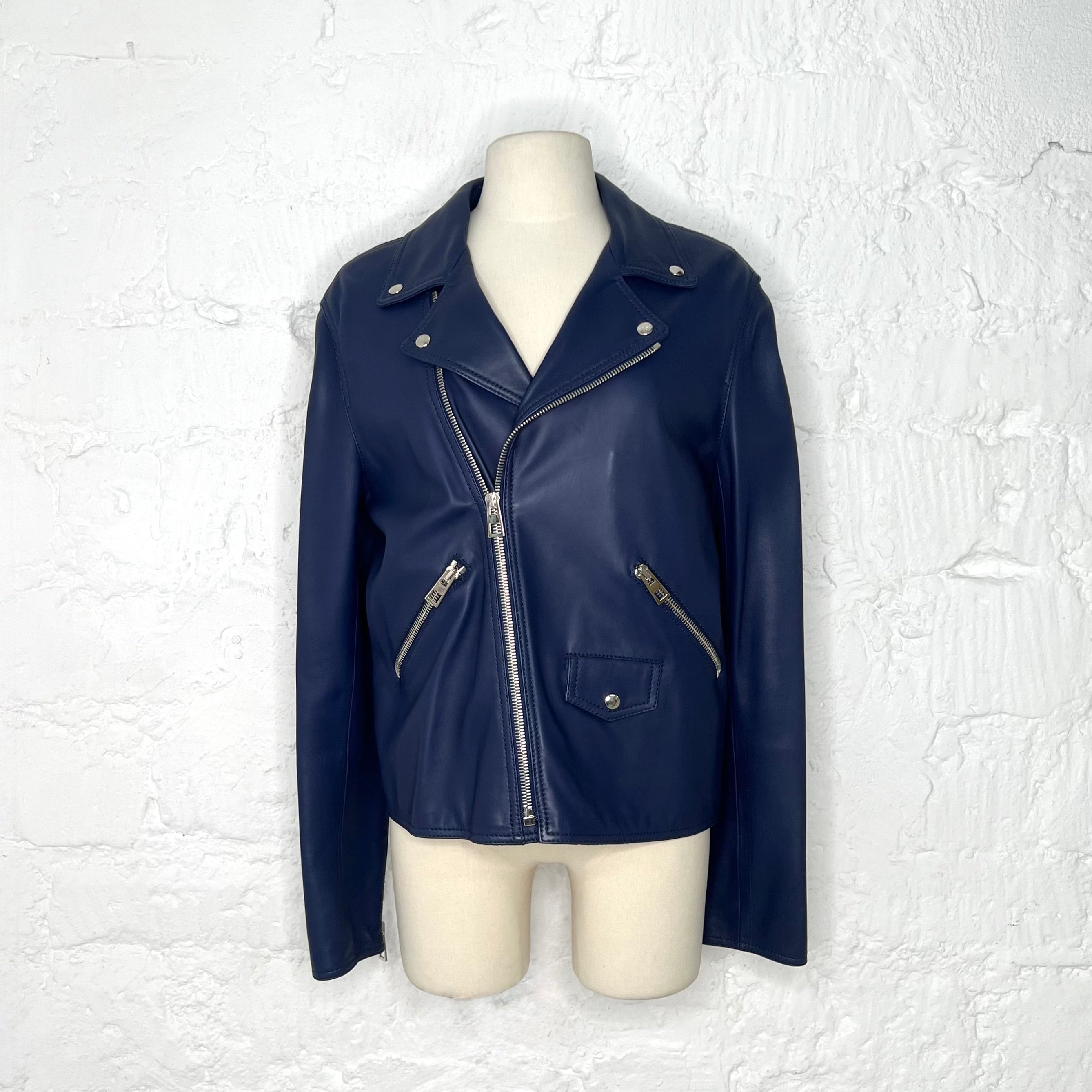 LOEWE - Dark blue leather perfecto jacket