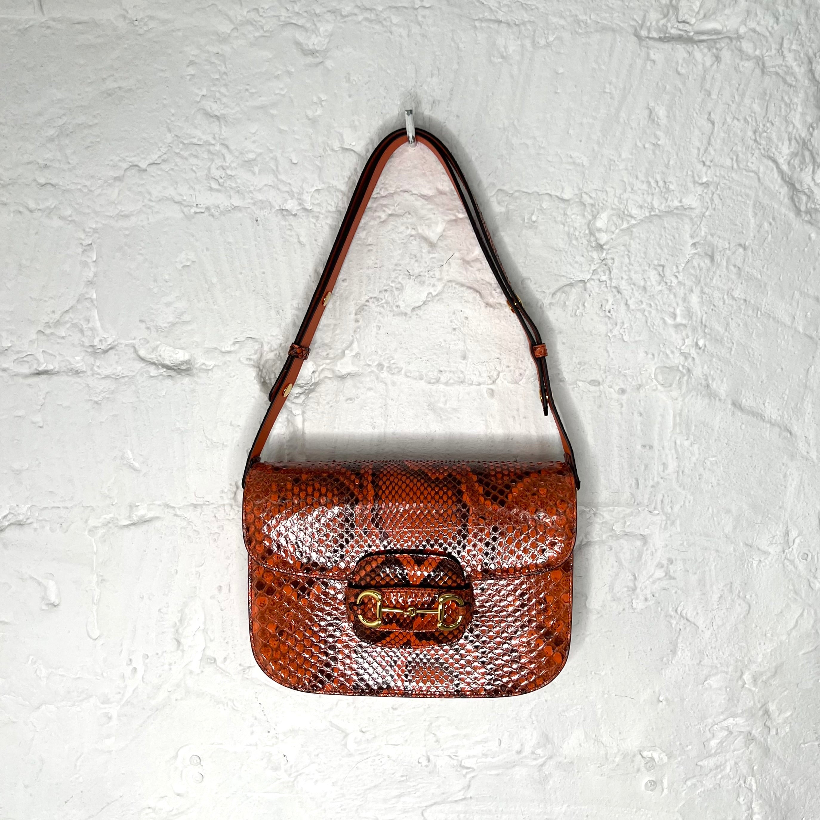 GUCCI - Orange horsebit small shoulder python bag