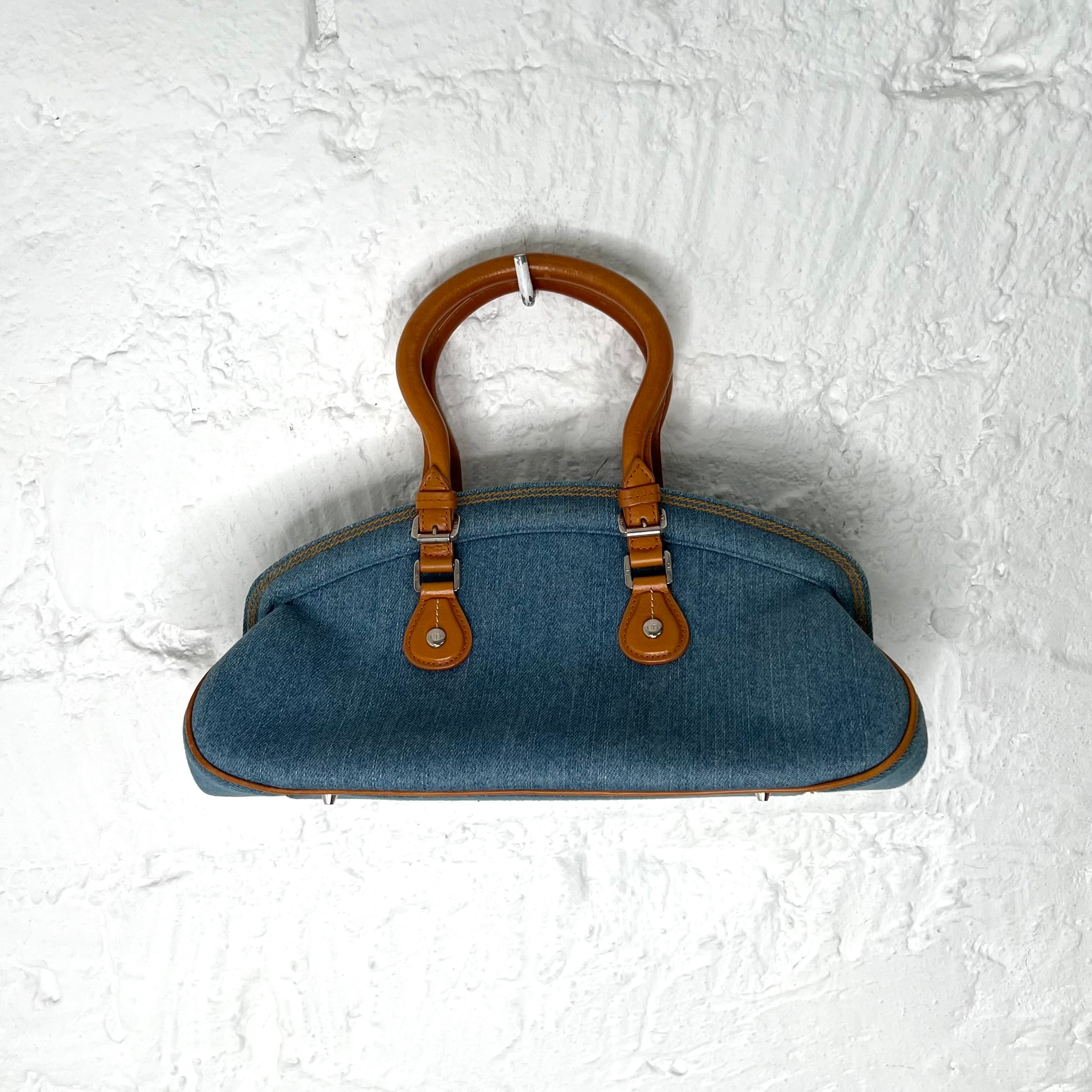 CHRISTIAN DIOR - Blue denim floral frame satchel bag