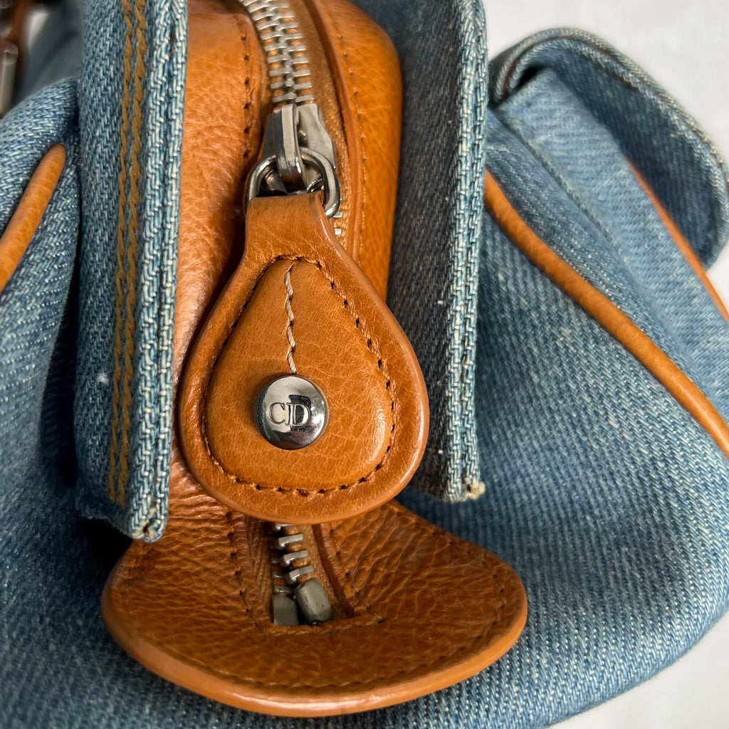 CHRISTIAN DIOR - Blue denim floral frame satchel bag