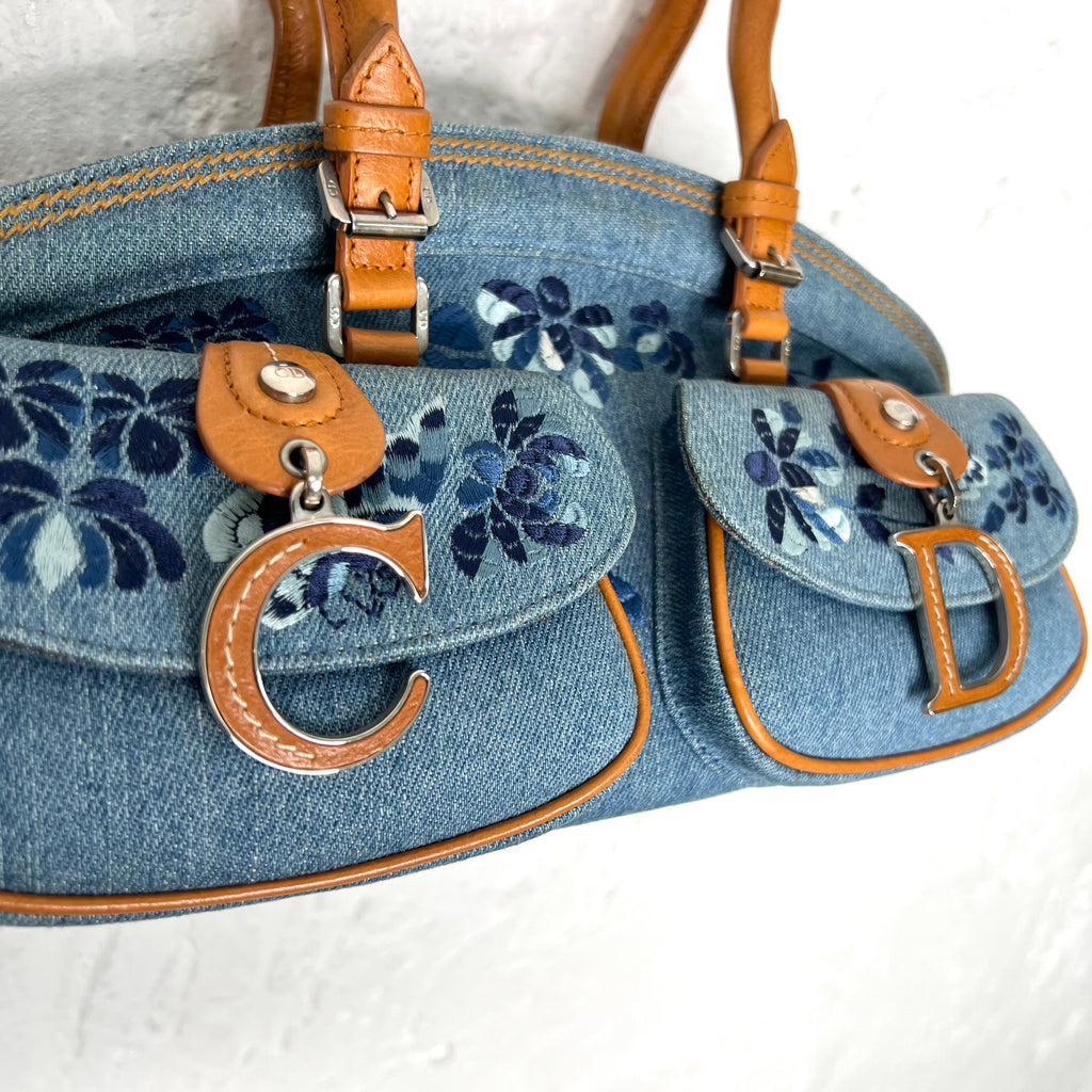 CHRISTIAN DIOR - Blue denim floral frame satchel bag