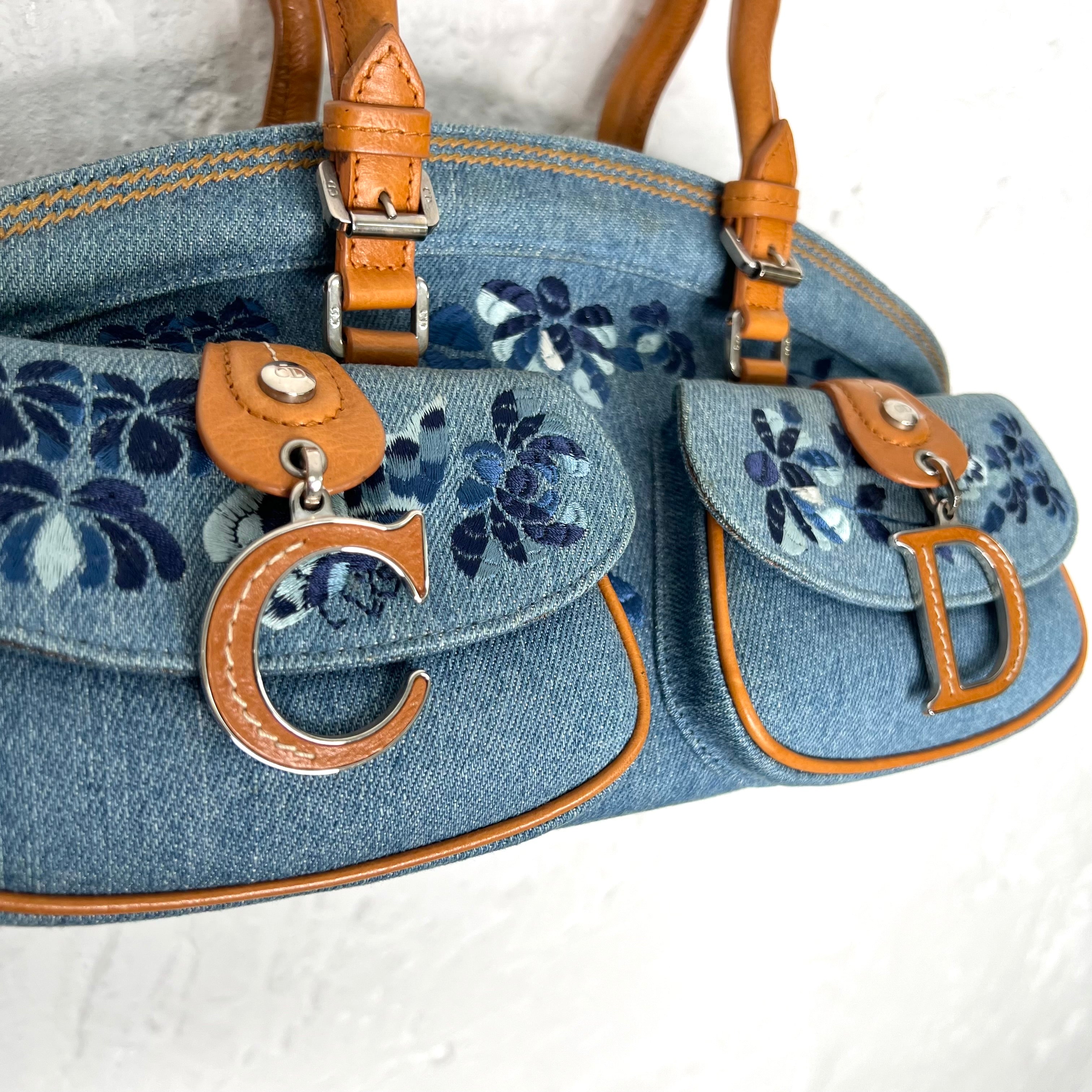 CHRISTIAN DIOR - Blue denim floral frame satchel bag