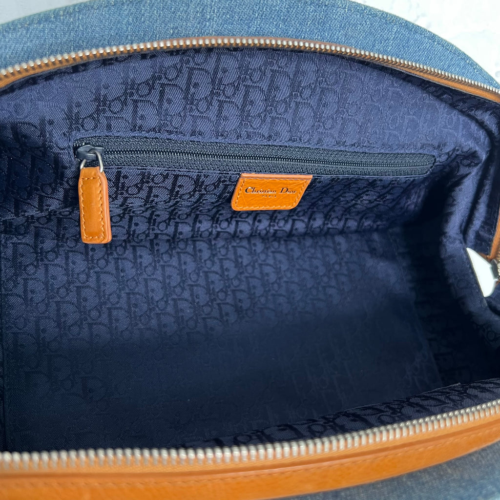 CHRISTIAN DIOR - Blue denim floral frame satchel bag