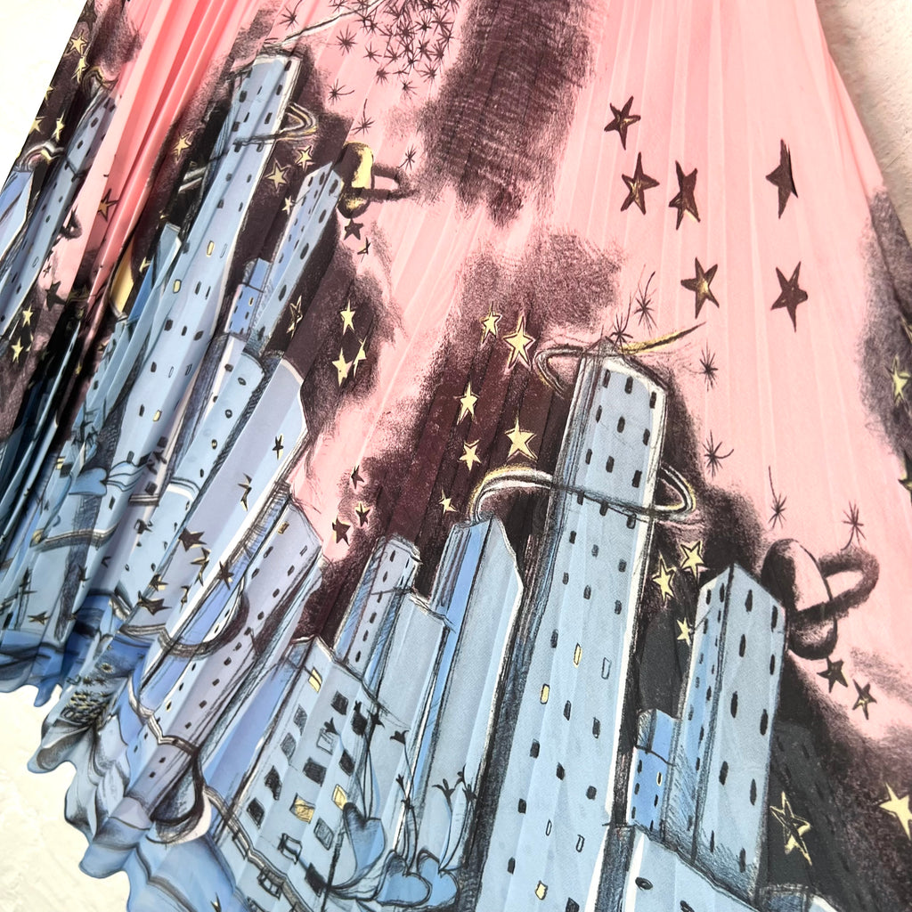MOSCHINO - Pink & Blue pleated cityscape skirt