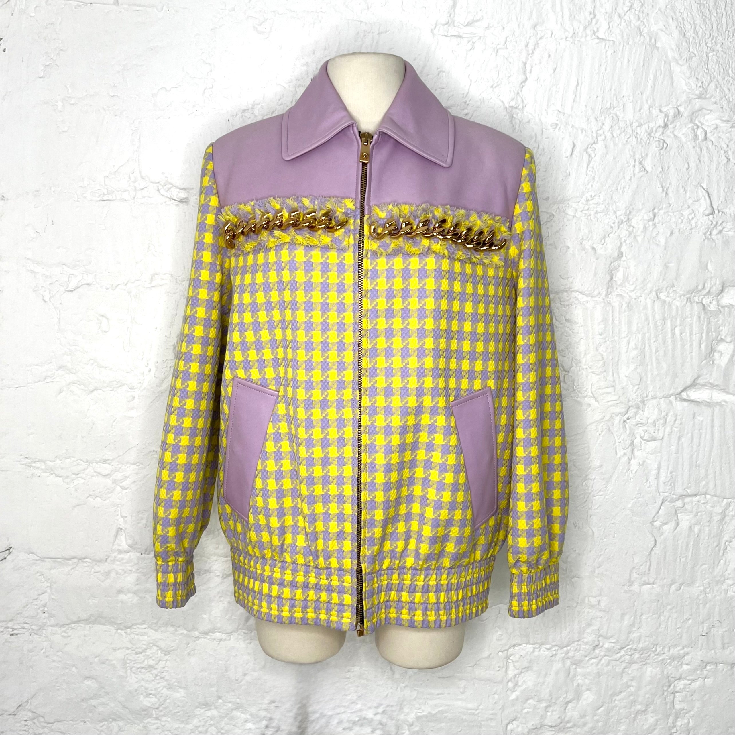 VERSACE - Leather-trimmed checked wool jacket