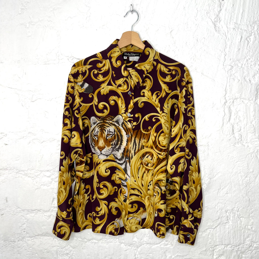 SALVATORE FERRAGAMMO - Gold and purple tiger printed shirt