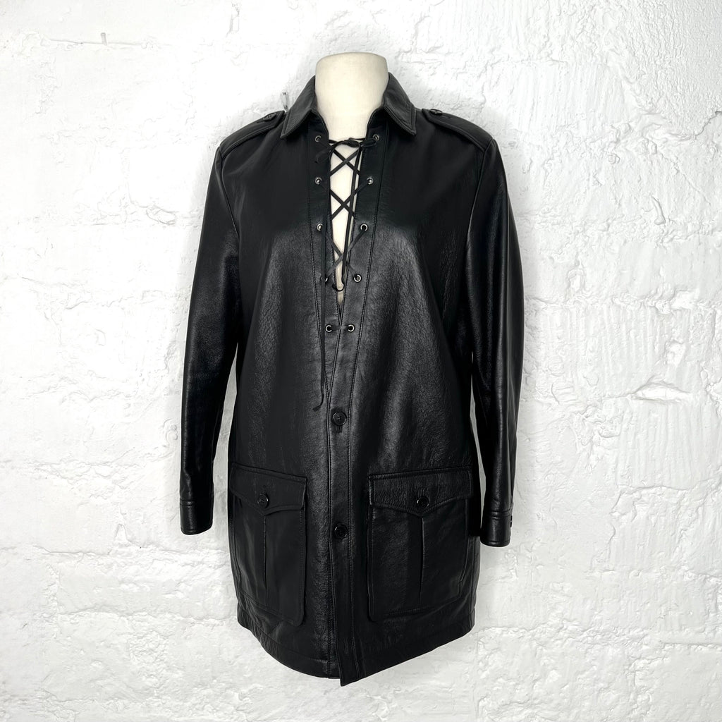 YVES SAINT LAURENT - Black lace up textured dress shirt