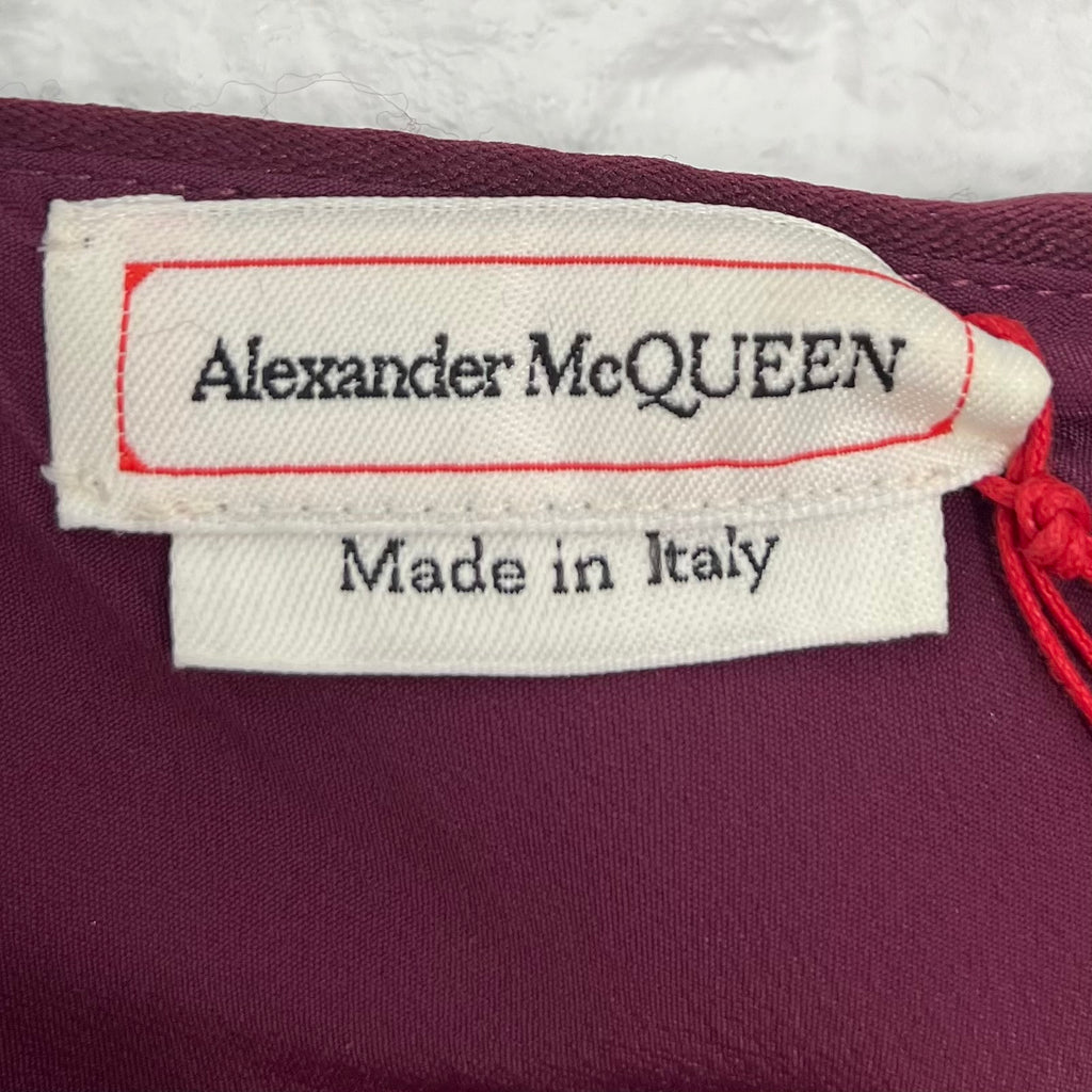 ALEXANDER MCQUEEN - Burgundy peplum silver flower printed dress