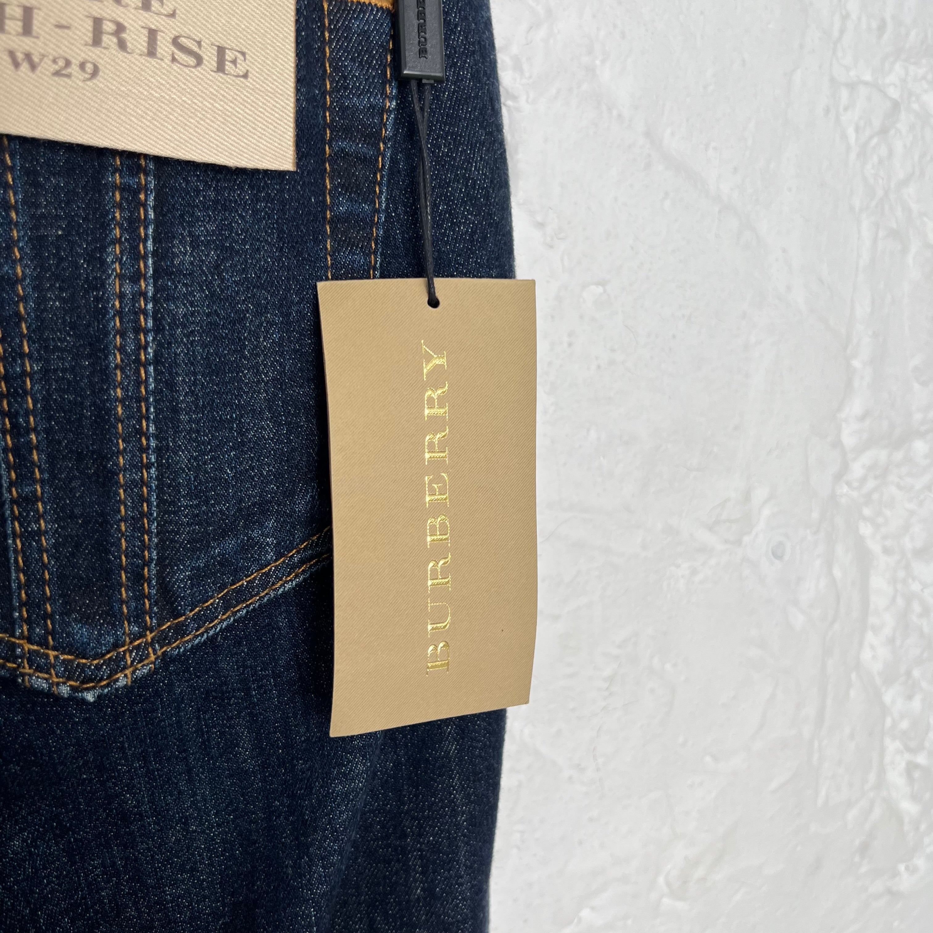 BURBERRY - Blue denim flare high rise pants