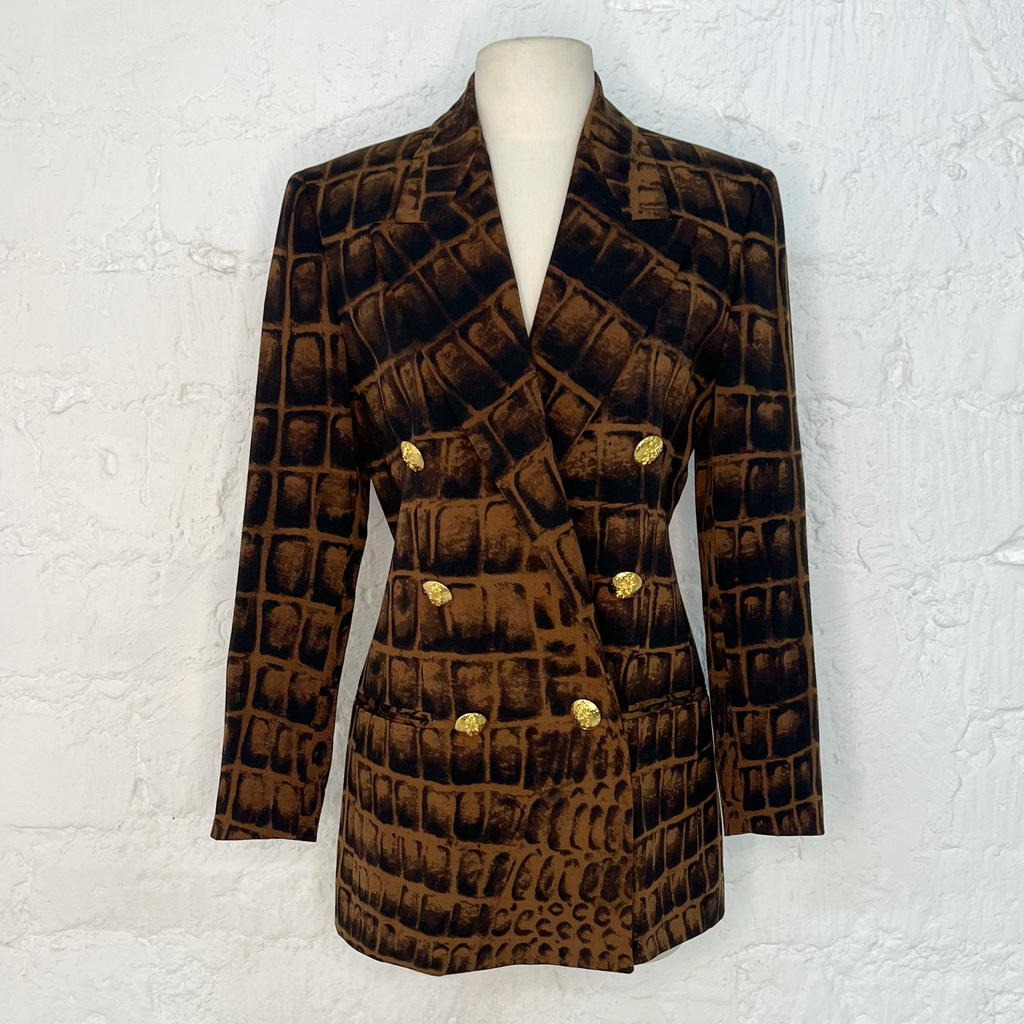 VERSACE -Vintage Croc-Effect Print Double-Breasted Blazer – Brown