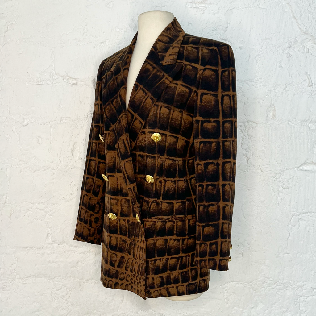 VERSACE -Vintage Croc-Effect Print Double-Breasted Blazer – Brown