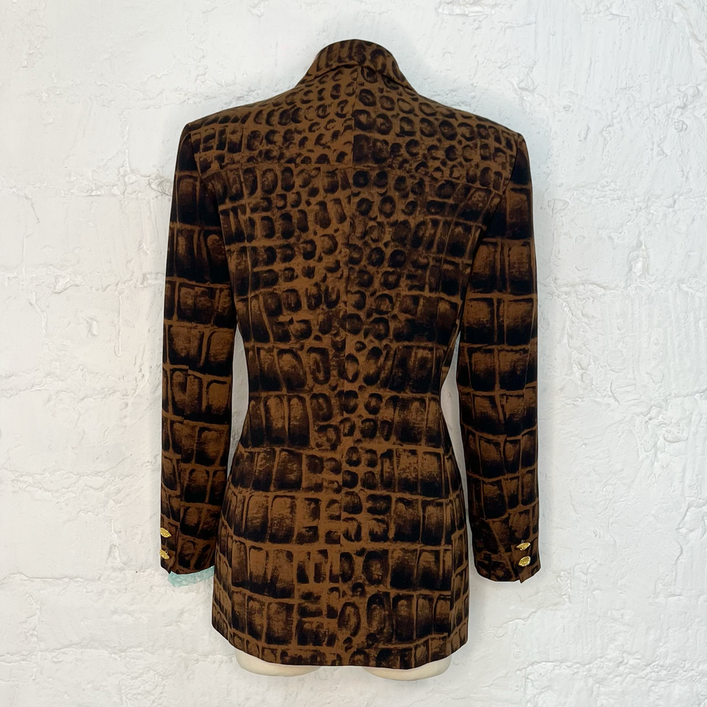 VERSACE -Vintage Croc-Effect Print Double-Breasted Blazer – Brown
